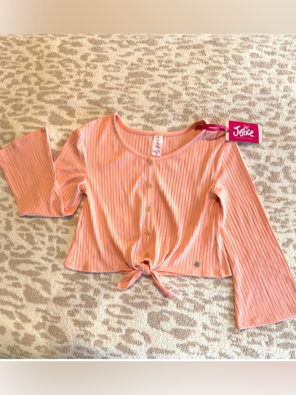 Justice Coral Ribbed Button-Down Tie-Front Shirt Size 7/8 small